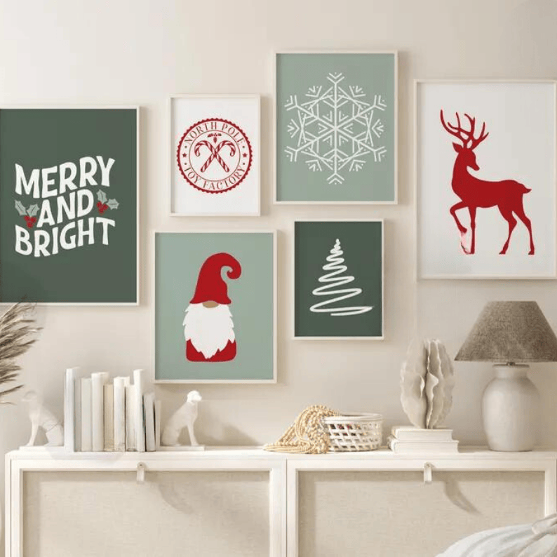 Christmas Print Set of 6, Minimalist Printable Snowflake Wall art, Preppy dorm, Nursery Home Decor, Merry and Bright, Bundle Digital