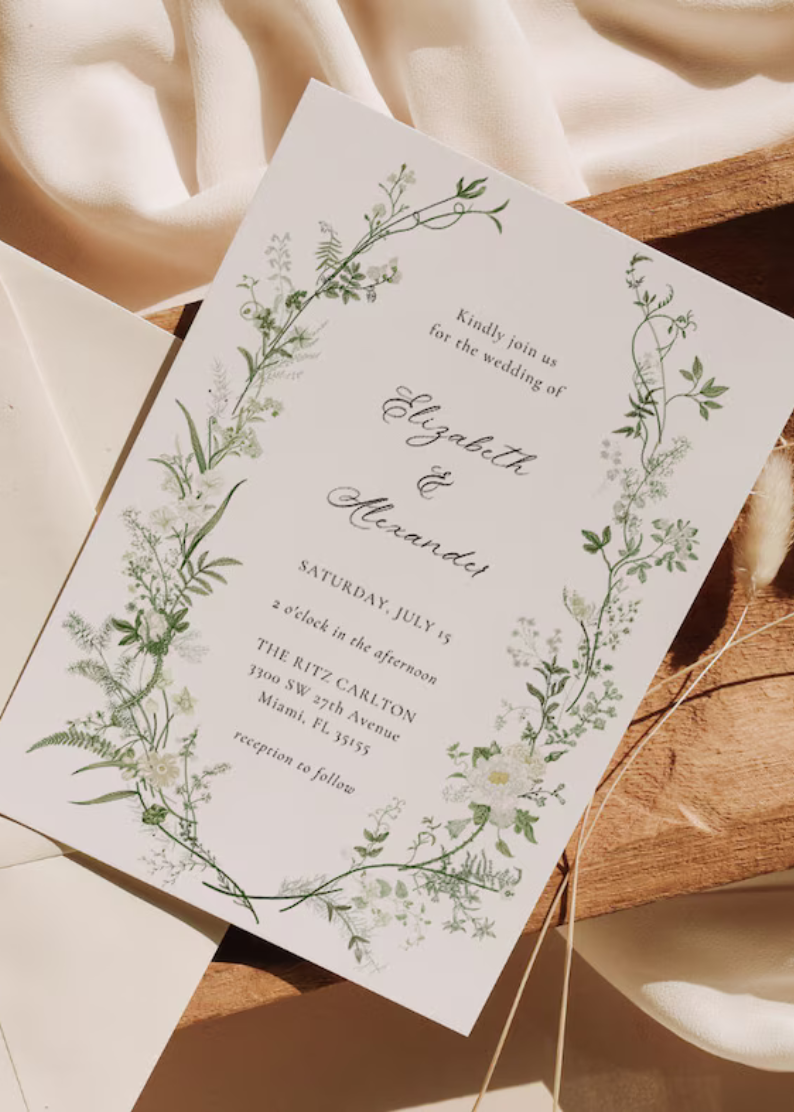 Wildflower Wedding Invitation Template, Printable Wedding Invitation, Greenery Invitation, White and Green Invitation, Floral Wreath