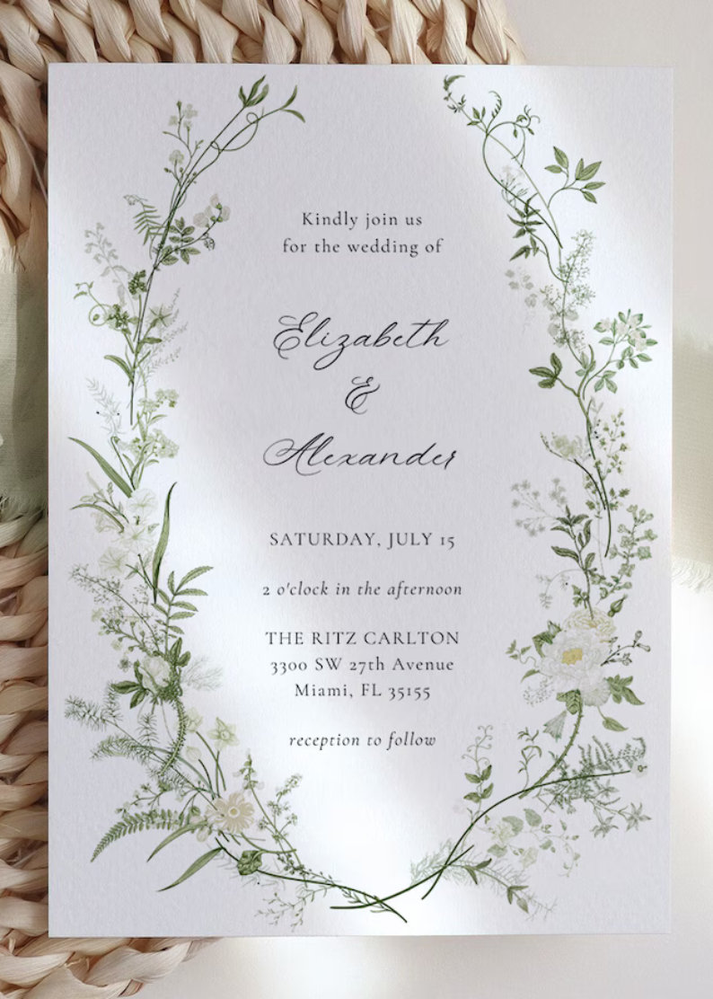 Wildflower Wedding Invitation Template, Printable Wedding Invitation, Greenery Invitation, White and Green Invitation, Floral Wreath