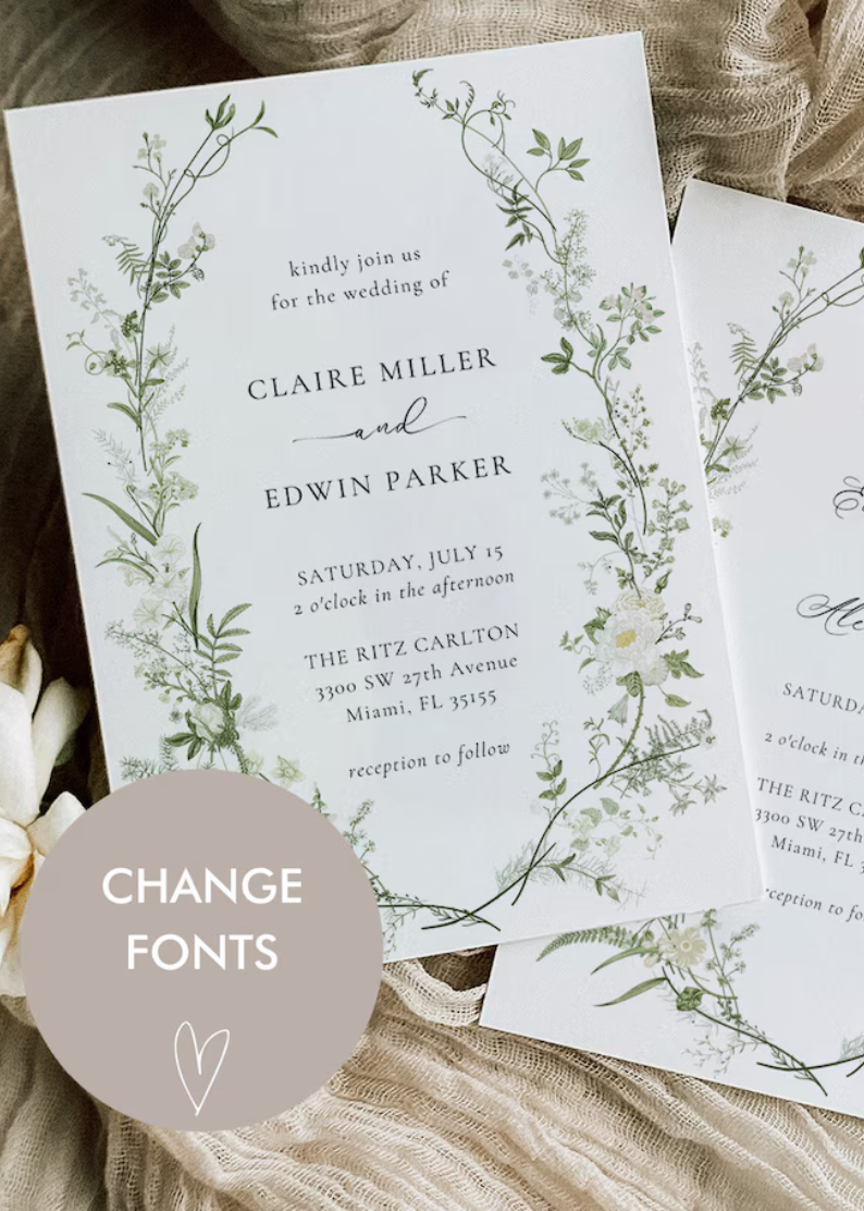 Wildflower Wedding Invitation Template, Printable Wedding Invitation, Greenery Invitation, White and Green Invitation, Floral Wreath