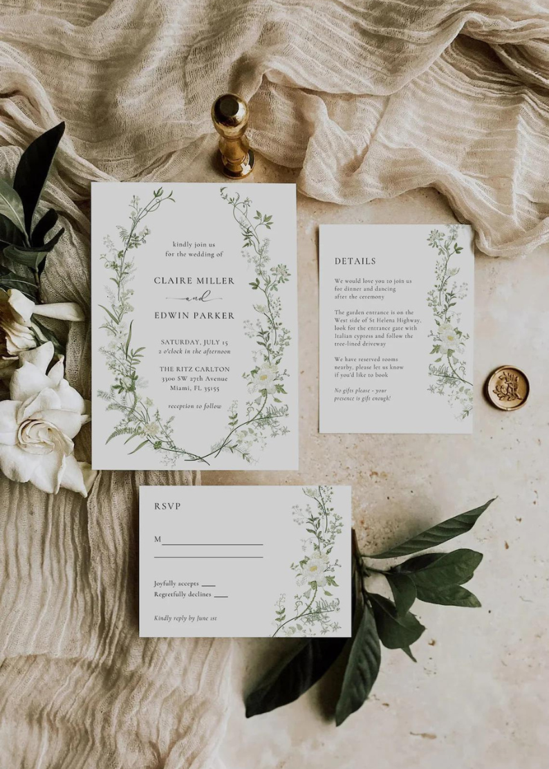 Wildflower Wedding Invitation Template, Printable Wedding Invitation, Greenery Invitation, White and Green Invitation, Floral Wreath