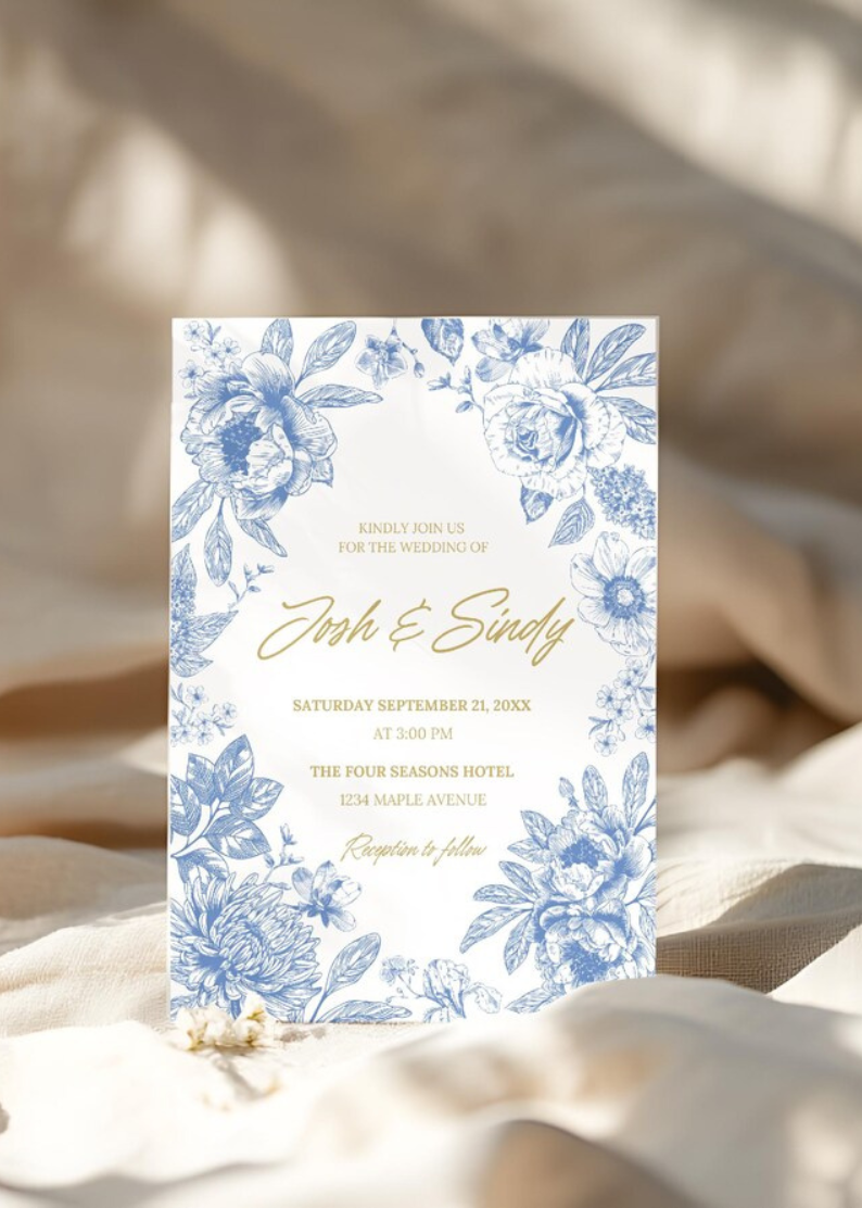 Blue Toile de Jouy Wildflower Wedding Invitation | Boho Wedding Canva Template Kit | Printable & Editable Invitation Set with RSVP