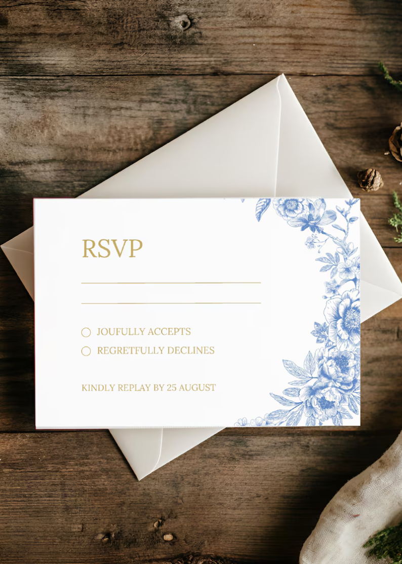 Blue Toile de Jouy Wildflower Wedding Invitation | Boho Wedding Canva Template Kit | Printable & Editable Invitation Set with RSVP