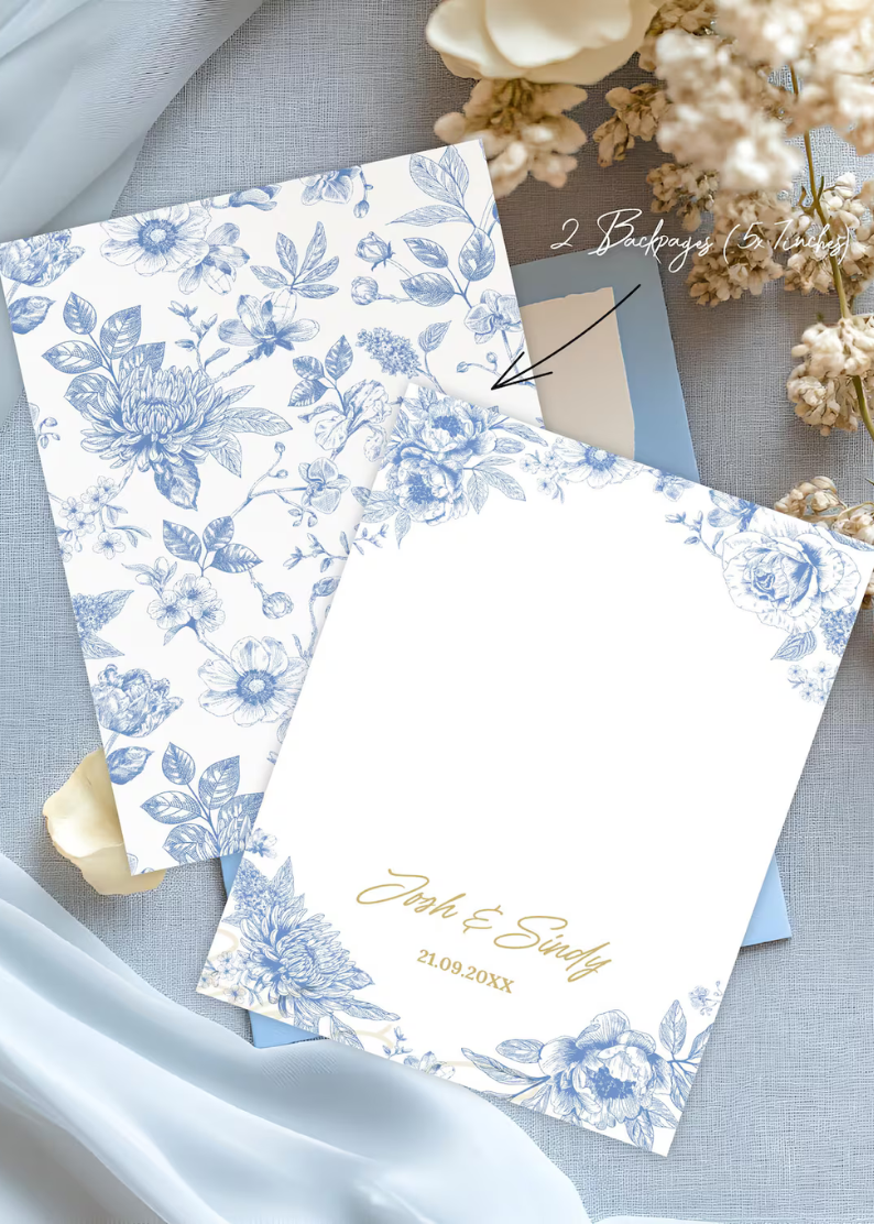 Blue Toile de Jouy Wildflower Wedding Invitation | Boho Wedding Canva Template Kit | Printable & Editable Invitation Set with RSVP