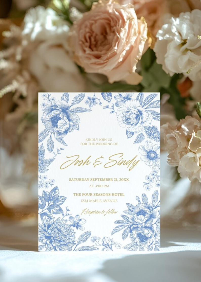 Blue Toile de Jouy Wildflower Wedding Invitation | Boho Wedding Canva Template Kit | Printable & Editable Invitation Set with RSVP