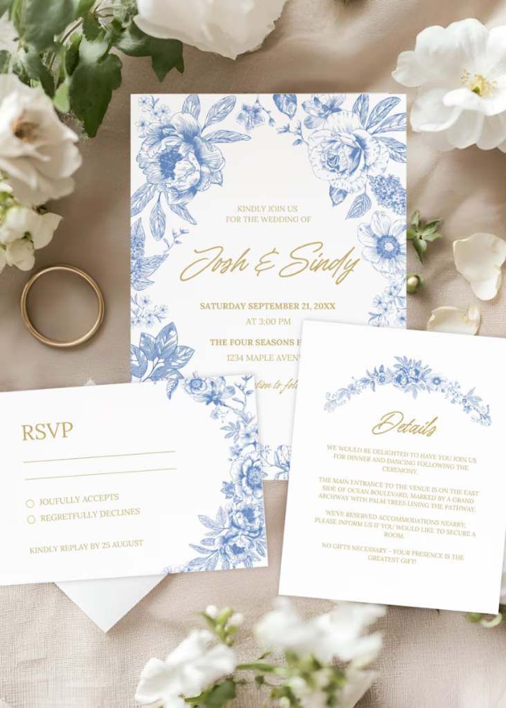 Blue Toile de Jouy Wildflower Wedding Invitation | Boho Wedding Canva Template Kit | Printable & Editable Invitation Set with RSVP