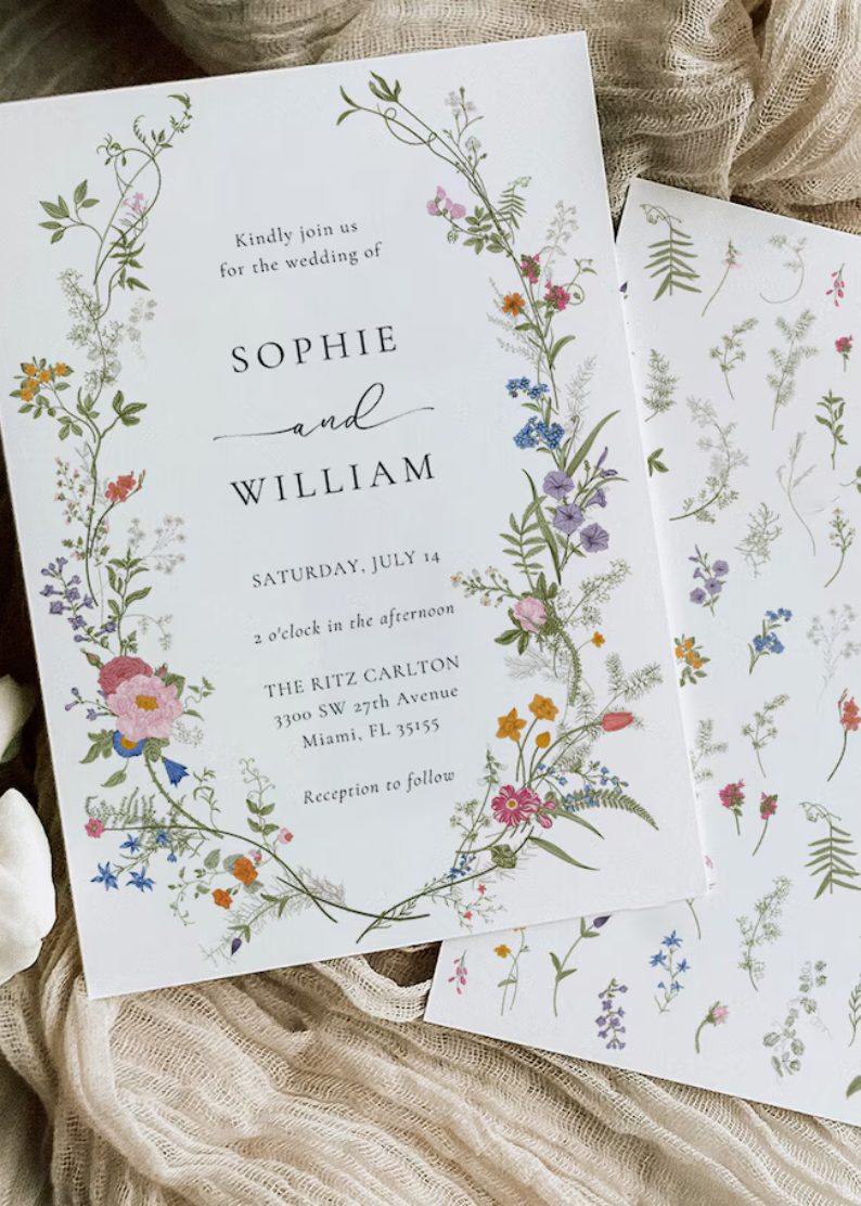 Wildflower Wedding Invitation Template, Printable Wedding Invitation, Wedding Invitation, Boho Wildflower Invitation, Floral Wreath,