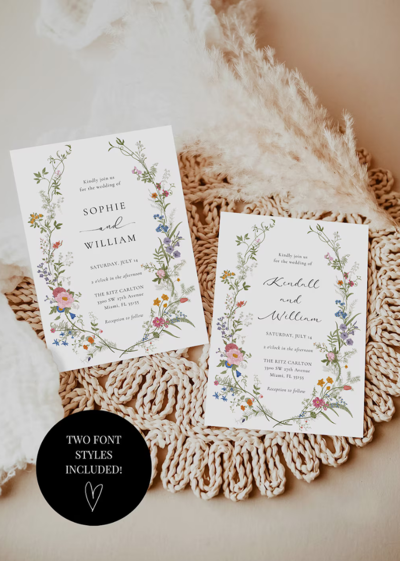 Wildflower Wedding Invitation Template, Printable Wedding Invitation, Wedding Invitation, Boho Wildflower Invitation, Floral Wreath,