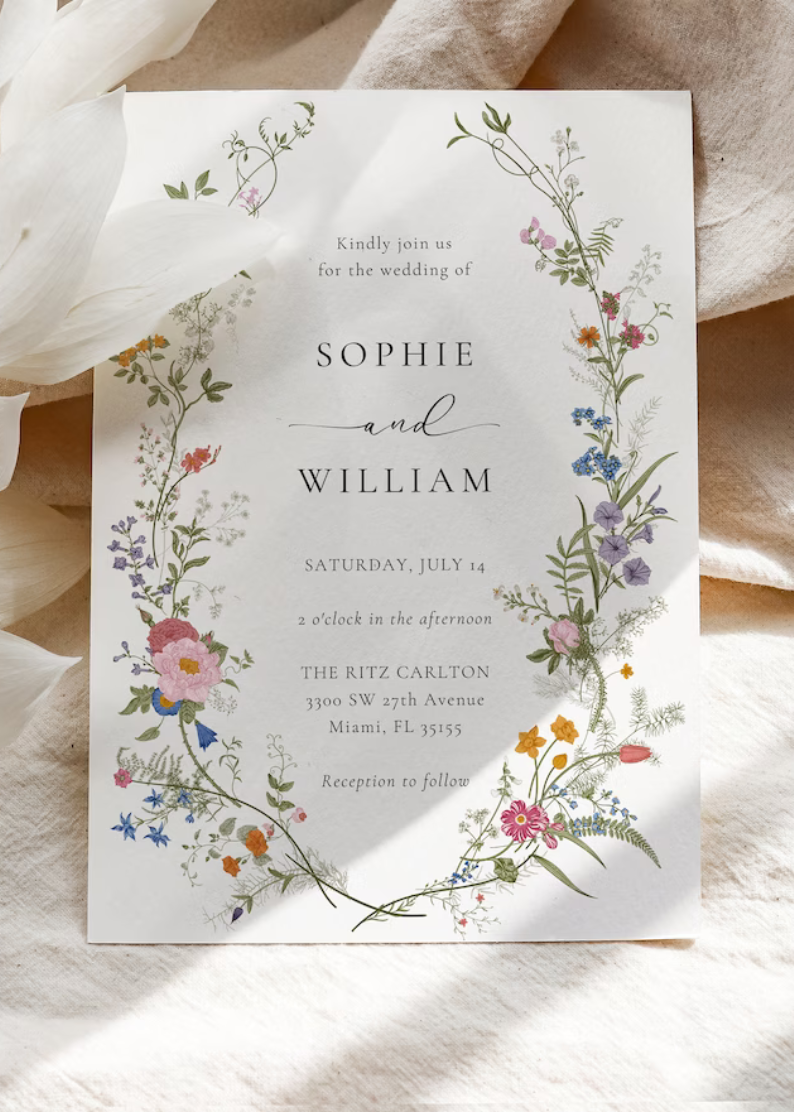 Wildflower Wedding Invitation Template, Printable Wedding Invitation, Wedding Invitation, Boho Wildflower Invitation, Floral Wreath,