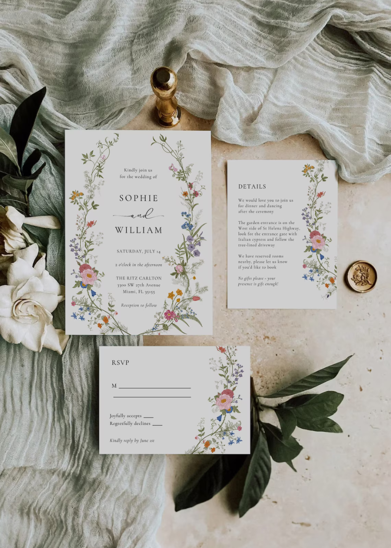 Wildflower Wedding Invitation Template, Printable Wedding Invitation, Wedding Invitation, Boho Wildflower Invitation, Floral Wreath,