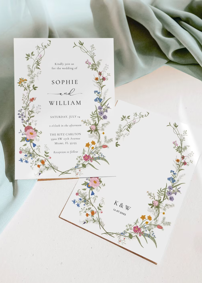 Wildflower Wedding Invitation Template, Printable Wedding Invitation, Wedding Invitation, Boho Wildflower Invitation, Floral Wreath,