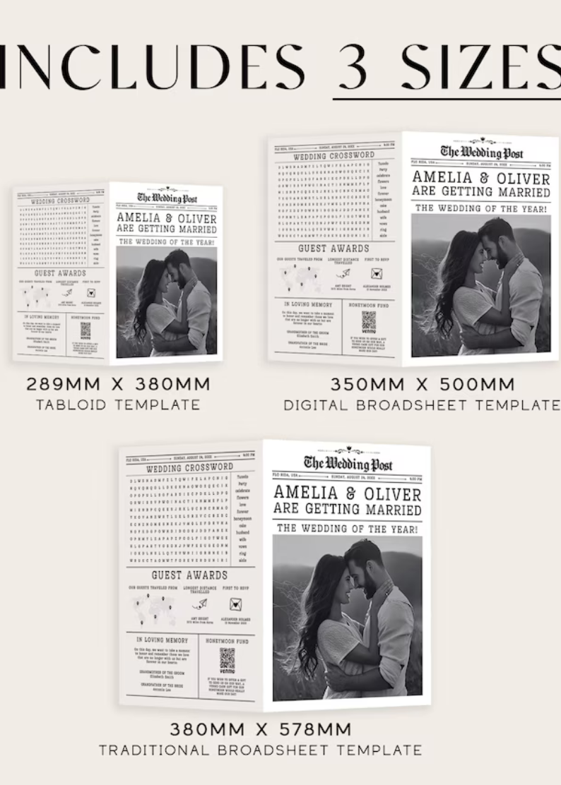 Wedding Newspaper 4 Pages | Wedding Day Ceremony Timeline Itinerary Canva Editable Templates Digital Download Printable