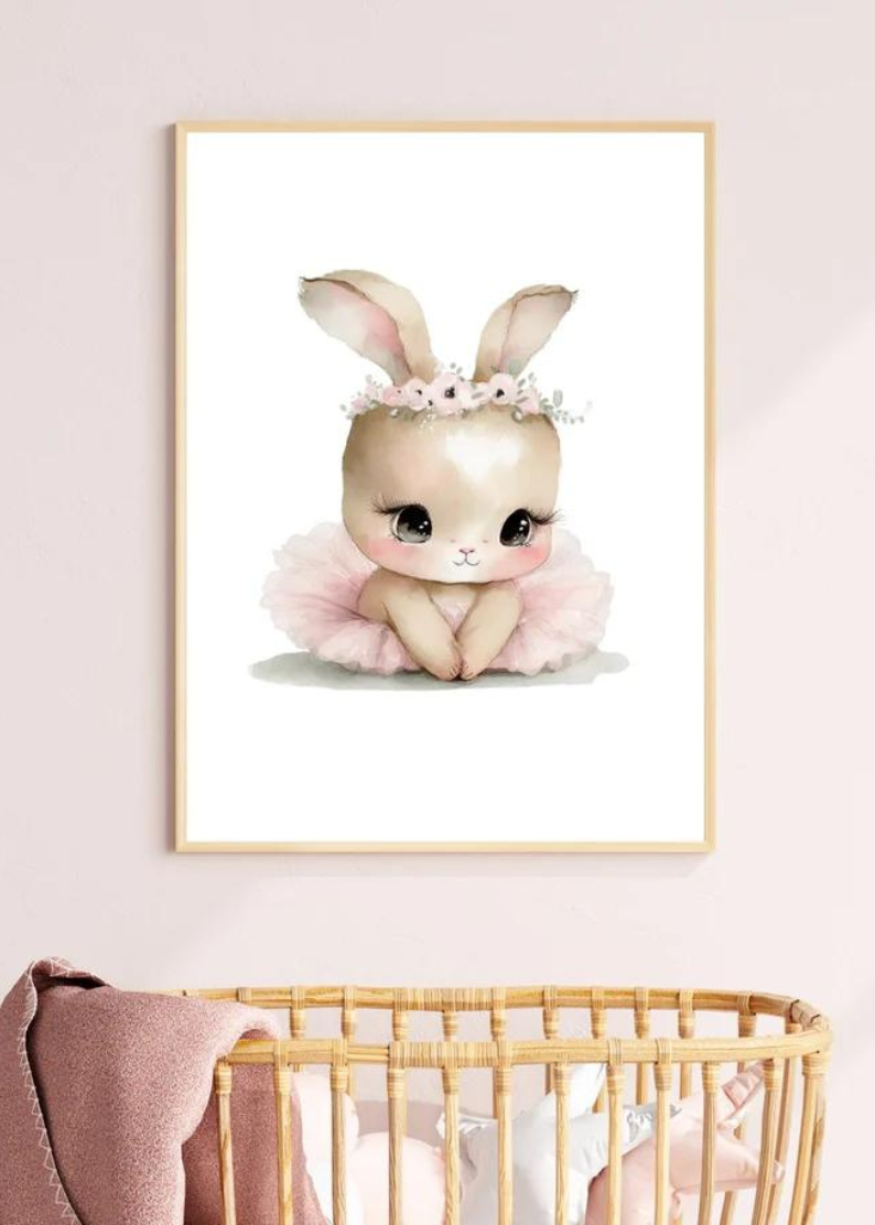 Bunny Ballerina Wall Art, Woodland Creatures Print, Girls Nursery Decor, Boho Rabbits Nursery Wall Art, Watercolor Bunny Ballerina Prints