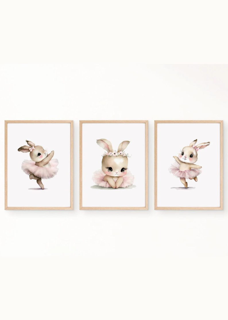 Bunny Ballerina Wall Art, Woodland Creatures Print, Girls Nursery Decor, Boho Rabbits Nursery Wall Art, Watercolor Bunny Ballerina Prints