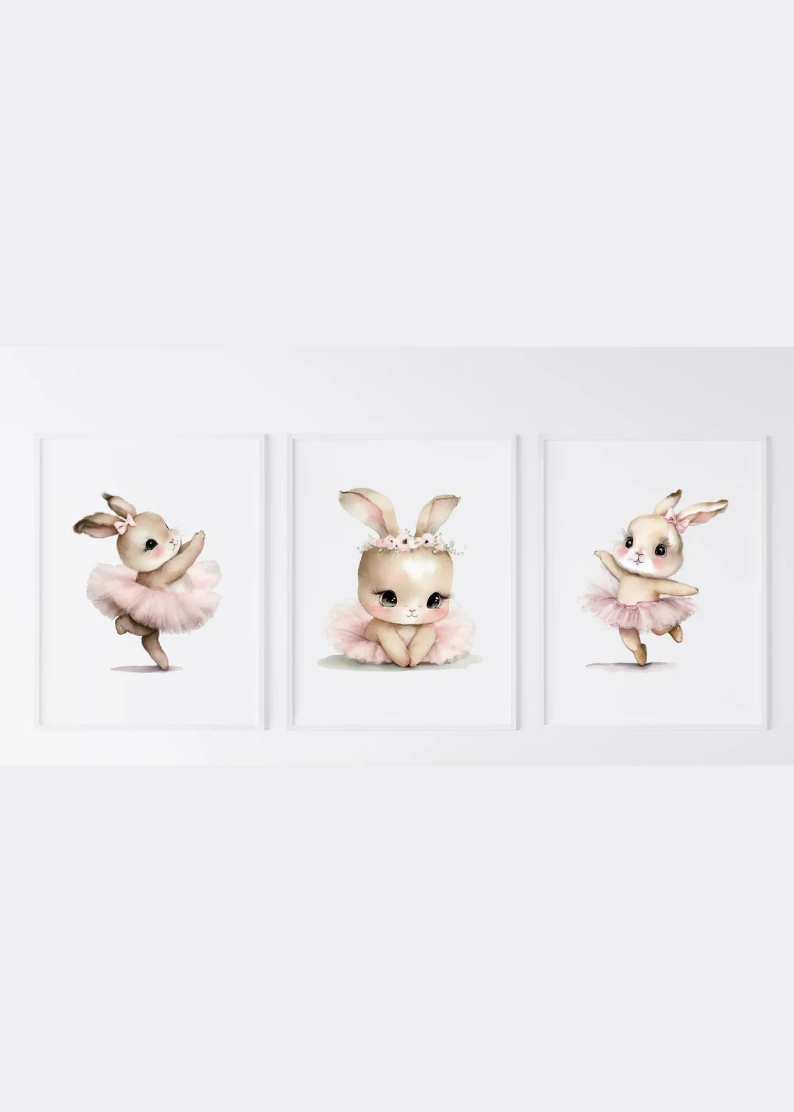 Bunny Ballerina Wall Art, Woodland Creatures Print, Girls Nursery Decor, Boho Rabbits Nursery Wall Art, Watercolor Bunny Ballerina Prints