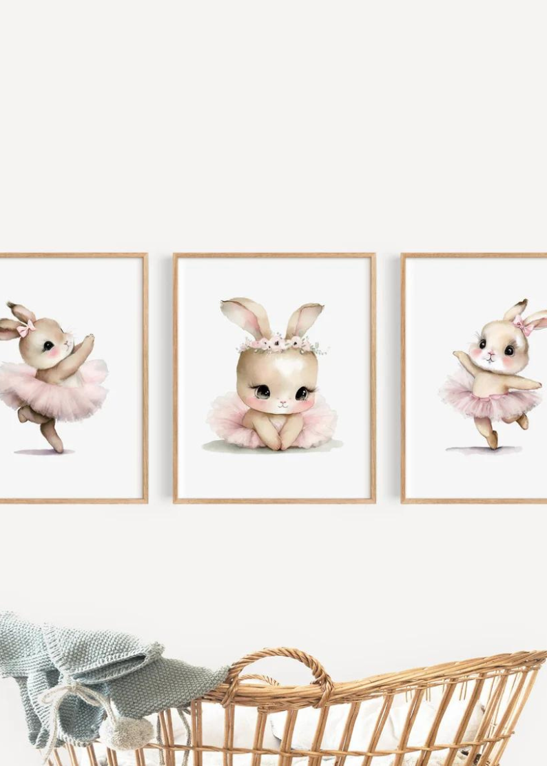 Bunny Ballerina Wall Art, Woodland Creatures Print, Girls Nursery Decor, Boho Rabbits Nursery Wall Art, Watercolor Bunny Ballerina Prints