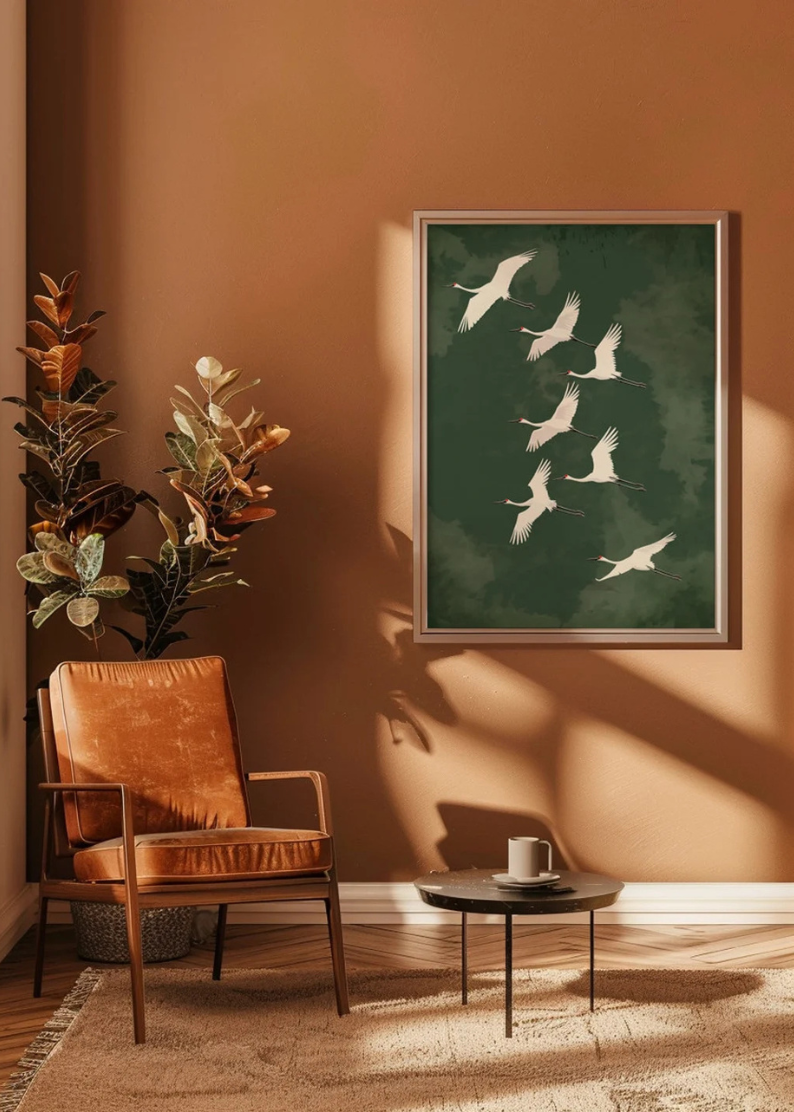 Elegant Flying Cranes Japandi Style Print