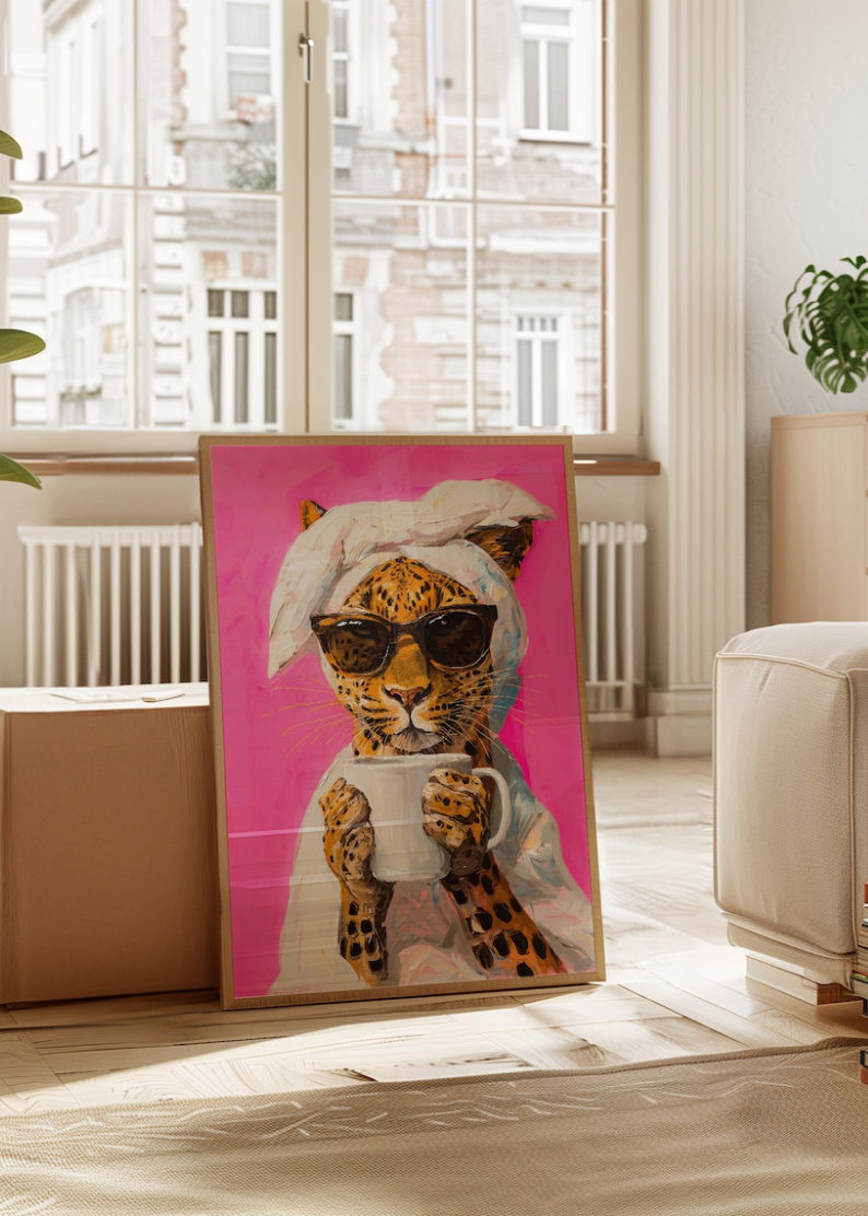 Vibrant Printable Wall Art - Leopard Drinking Coffee