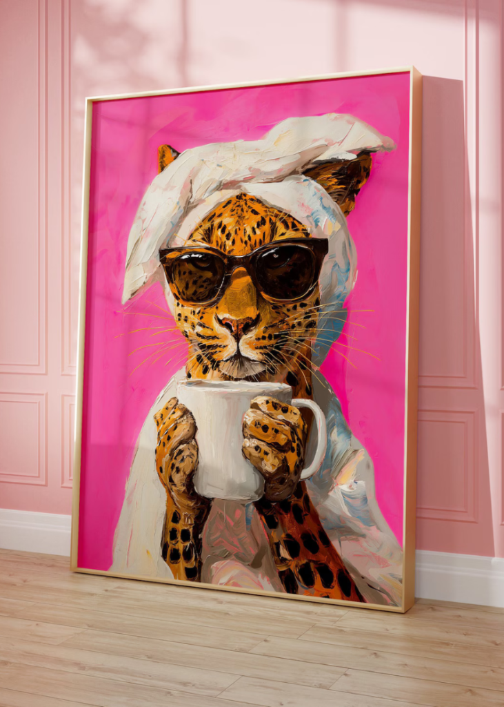 Vibrant Printable Wall Art - Leopard Drinking Coffee